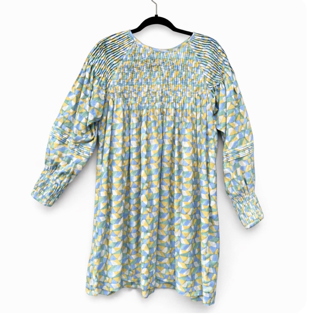 Mirth Kerala Short Dress In Parakeet Boho Pintucked Exaggerated Cotton - Picture 2 of 8